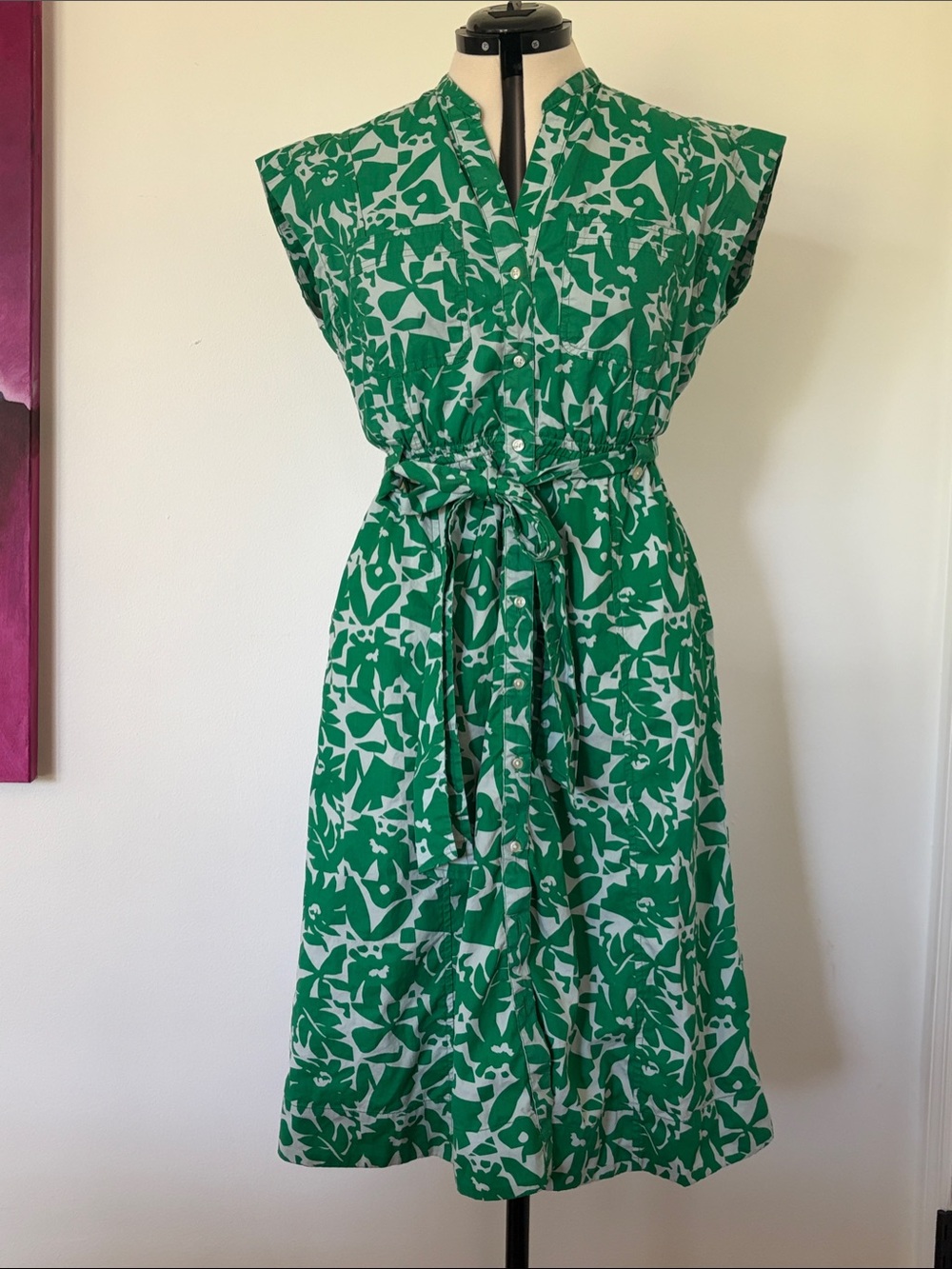 Green Printed Tie-Waist Midi Dress